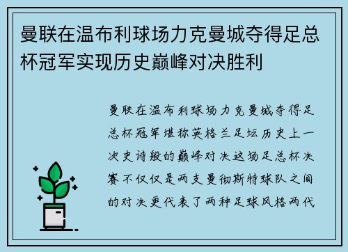 曼联在温布利球场力克曼城夺得足总杯冠军实现历史巅峰对决胜利 曼联在温布利球场力克曼城夺得足总杯冠军实现历史巅峰对决胜利